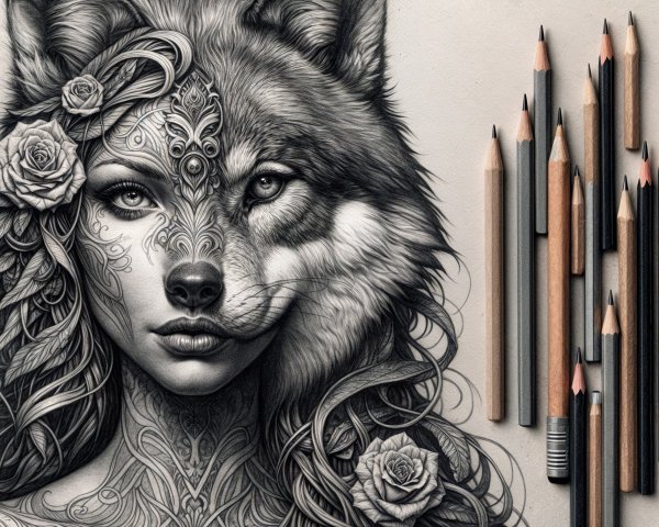 Tattoo-Style Illustration of Woman and Wolf Fusion