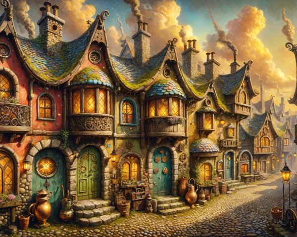 Whimsical Cobblestone Street with Colorful Houses