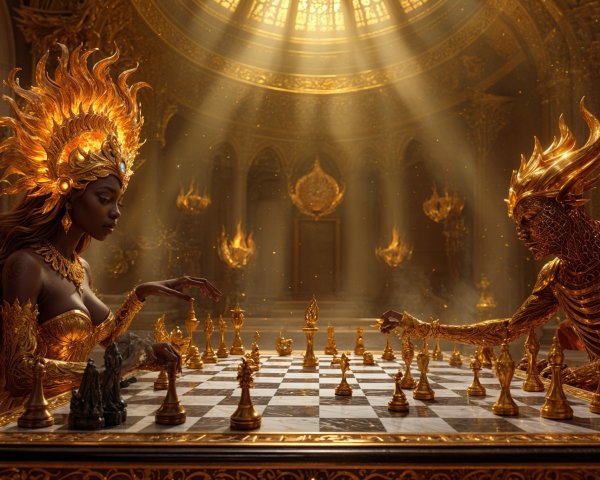 Regal Woman and Skeletal Being in Strategic Chess Battle