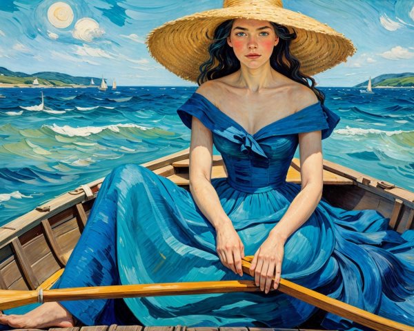 Woman in Blue Dress on Boat in Tranquil Sea