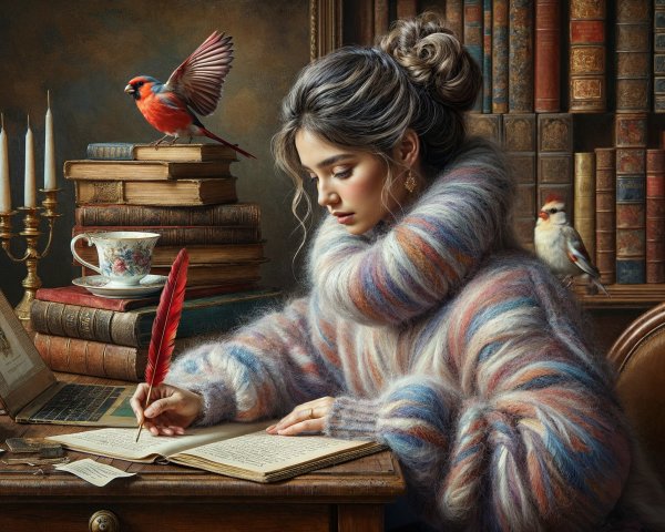 Cozy Library Scene with Young Woman Writing