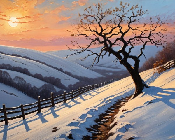 Serene Winter Landscape at Sunset with Bare Tree