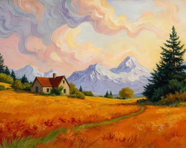 Autumn Landscape with Cottage and Majestic Mountains