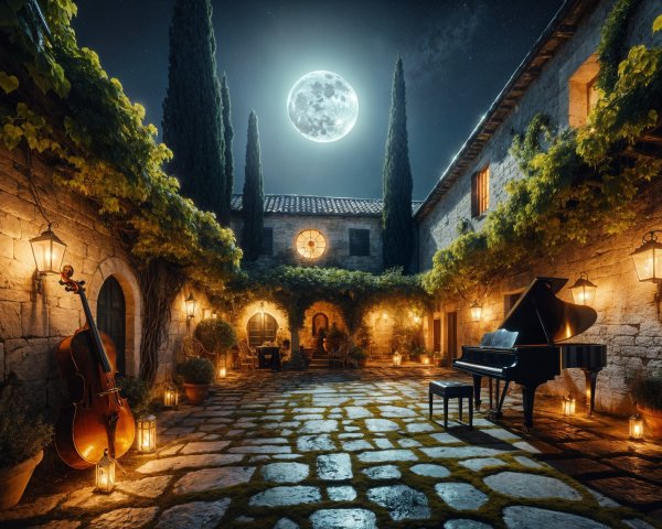 Serene Nighttime Courtyard with Piano and Cello