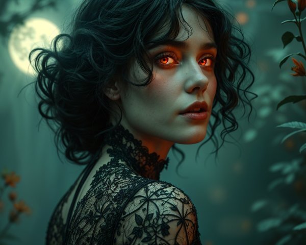 Young Woman with Orange Eyes in Enchanted Forest