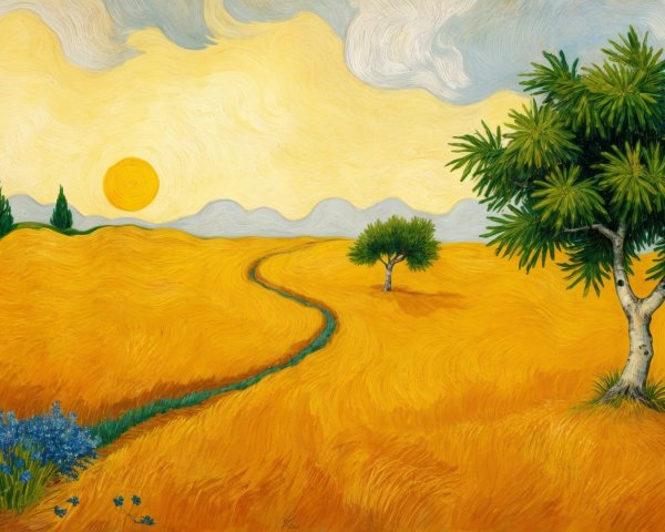 Vibrant Landscape with Golden Fields and Blue Flowers