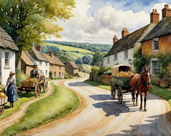Charming Countryside Scene with Cottages and Fruit Carts
