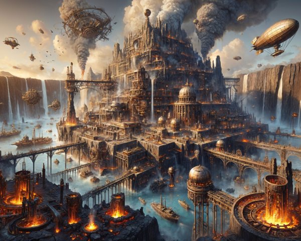 Steampunk Cityscape with Waterfalls and Airships
