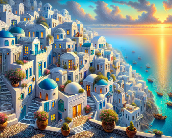 Coastal Village at Sunset with White-Washed Buildings