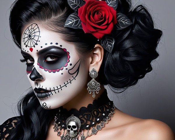 Woman with Sugar Skull Makeup and Elegant Accessories