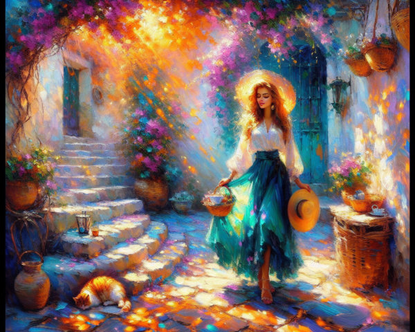 Young Woman in Green Skirt in Sunlit Flower Alley