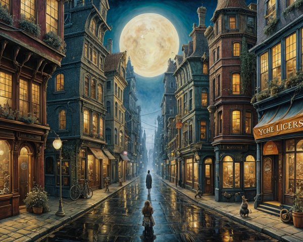 Luminous Moon Over Cobblestone Street with Old Buildings