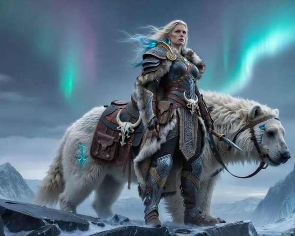 Nordic Warrior Woman with Polar Bear in Elaborate Armor