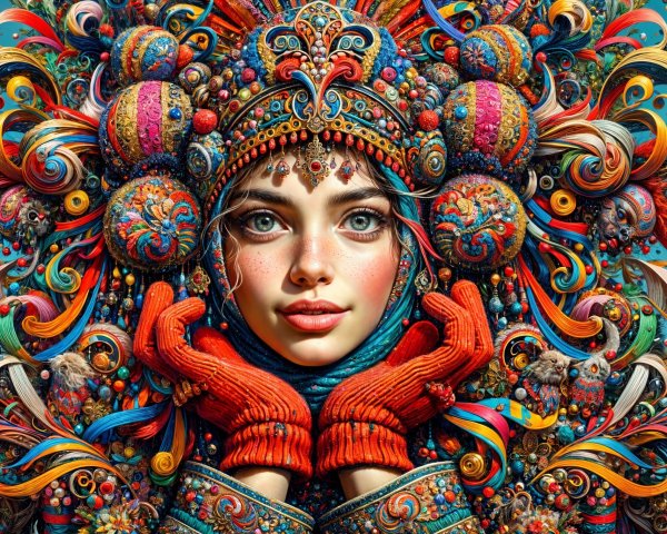 Vibrant Portrait of Young Woman with Colorful Headdress