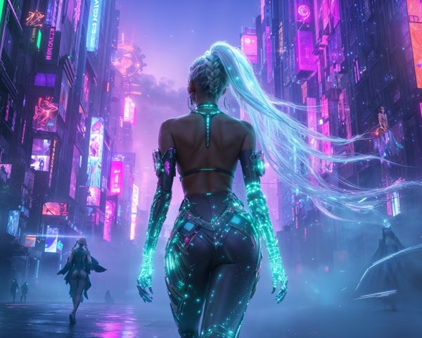 Futuristic cityscape with neon lights and mist