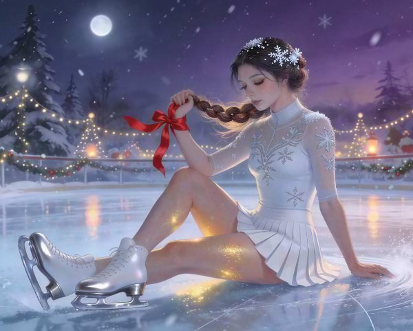 AI Artwork of a Young Woman Ice Skating at Night
