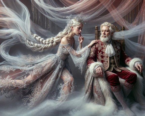 Ethereal Scene of Woman Approaching Regal Figure