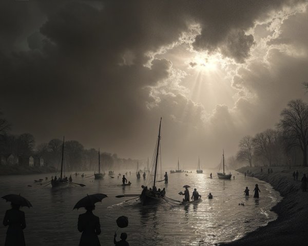 Serene Riverside Scene with Sailboats and Silhouettes