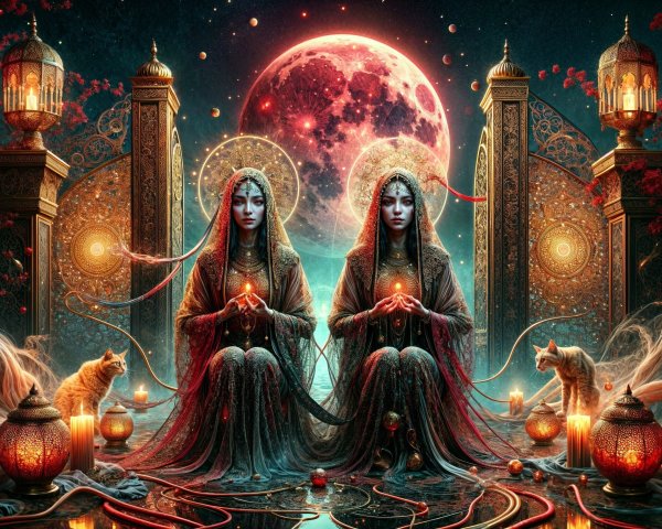 Enigmatic Women with Orbs in Mystical Moonlit Scene