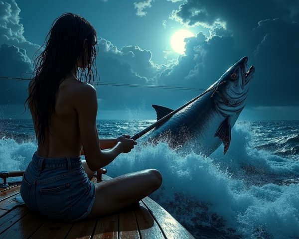 Nighttime Fishing Scene with Woman and Leaping Fish