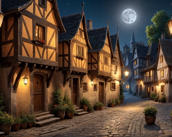 Charming cobblestone street in a quaint village at night