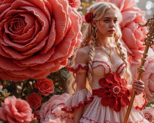Young woman in floral dress with oversized roses