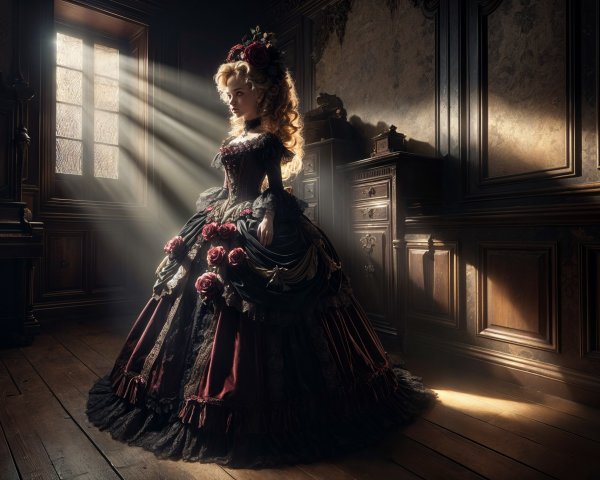 Gothic Room with Woman in Dark Gown and Roses