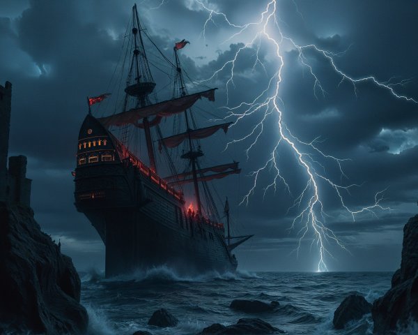 Majestic ship in stormy sky with ominous atmosphere