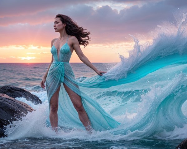 Woman in Aqua Dress on Rocky Shore at Sunset