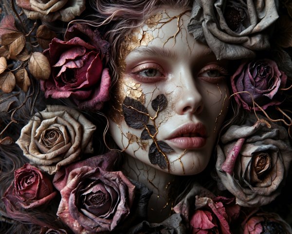 Haunting Figure Surrounded by Wilted Roses and Decay