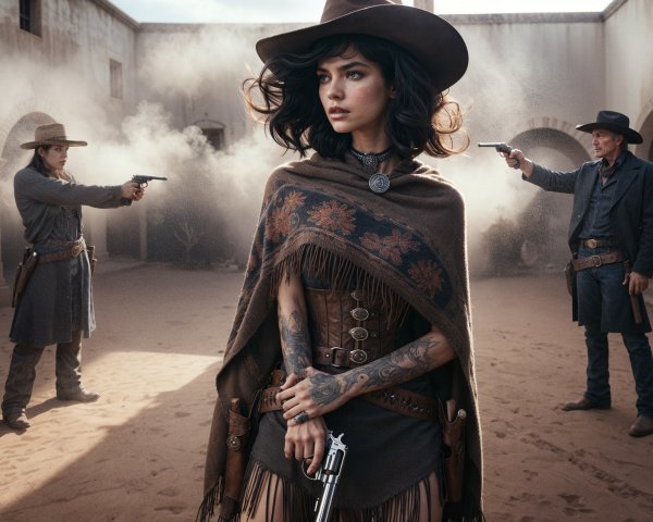 Fearless Woman in Western Standoff with Armed Men