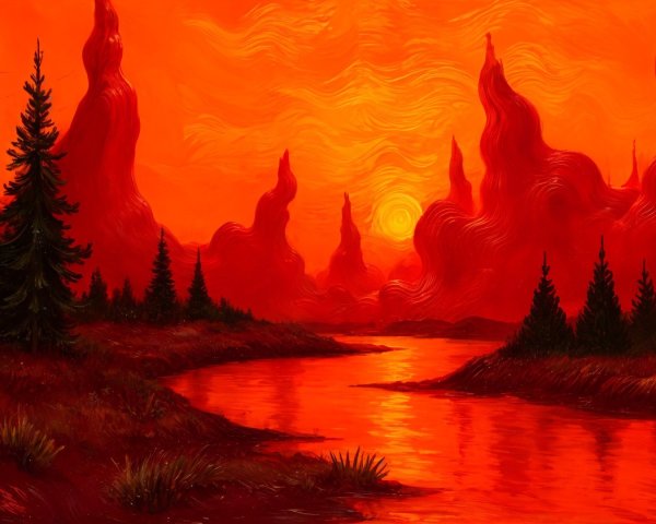 Surreal Landscape with Fiery Sunset and River Reflection