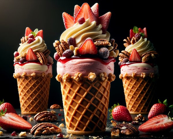 Three Tall Ice Cream Cones with Strawberry and Vanilla