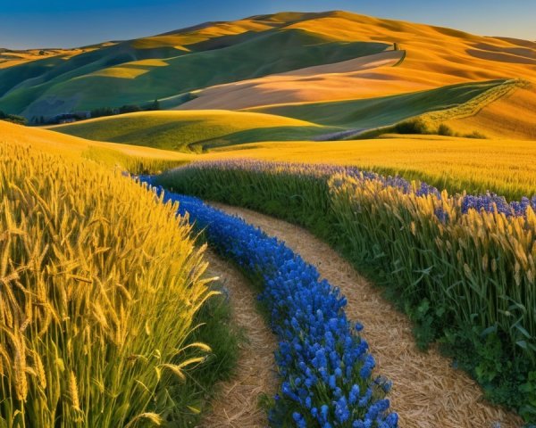 Golden Wheat Fields and Blue Flowers in Countryside