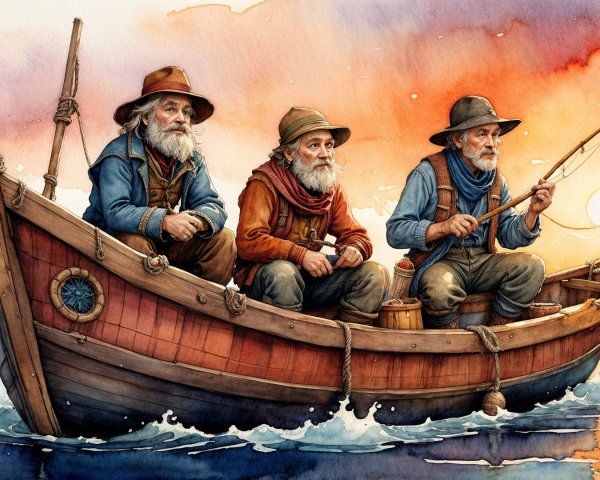 Elderly fishermen in a boat during a sunset fishing trip
