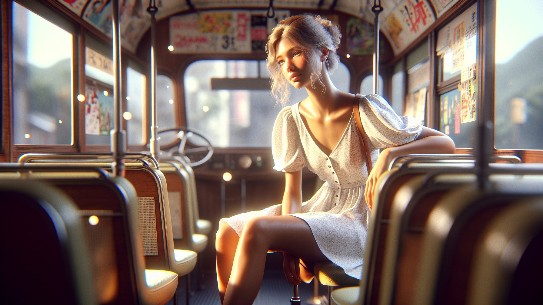 Vintage Bus Interior with Woman in White Dress