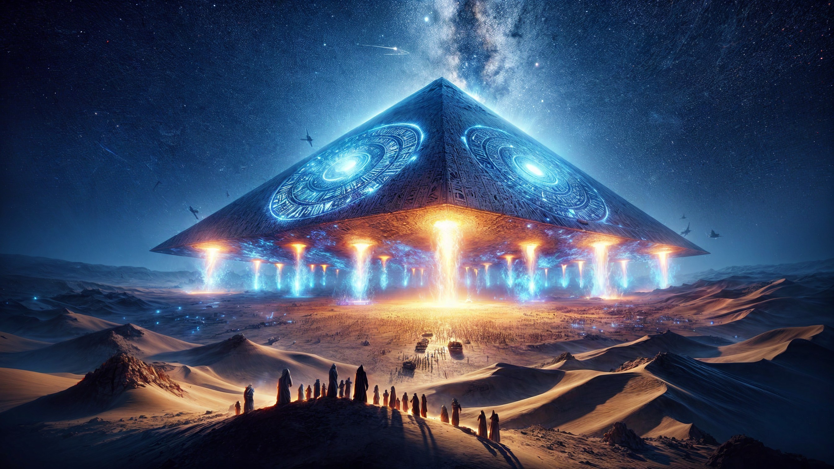 Otherworldly pyramid above desert landscape at night
