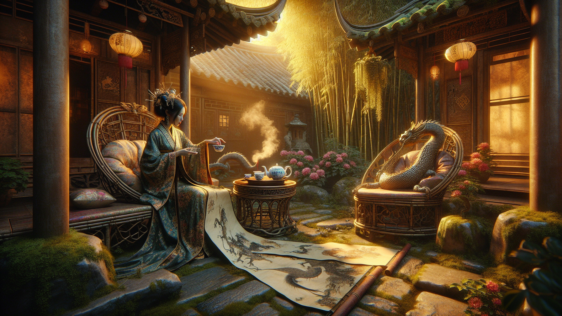 Serene Courtyard with Woman in Kimono and Dragon Sculpture
