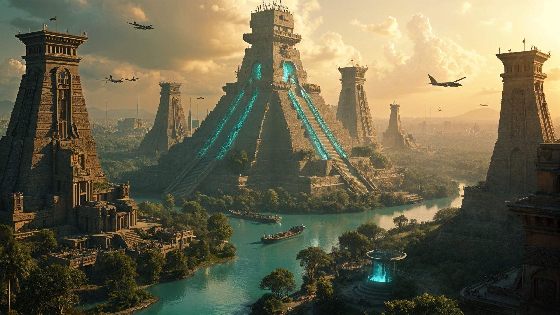 Ancient city with pyramids and lush landscape at sunset
