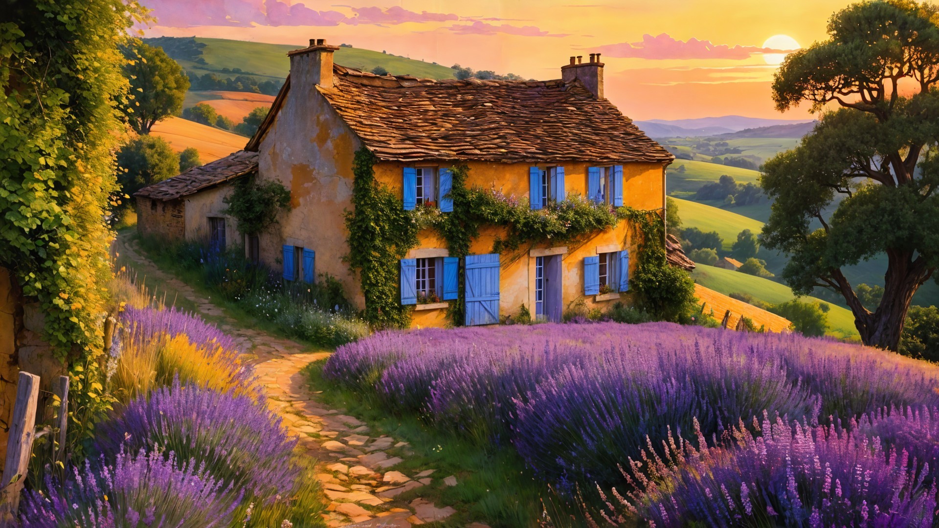 Rustic cottage with blue shutters in lavender fields