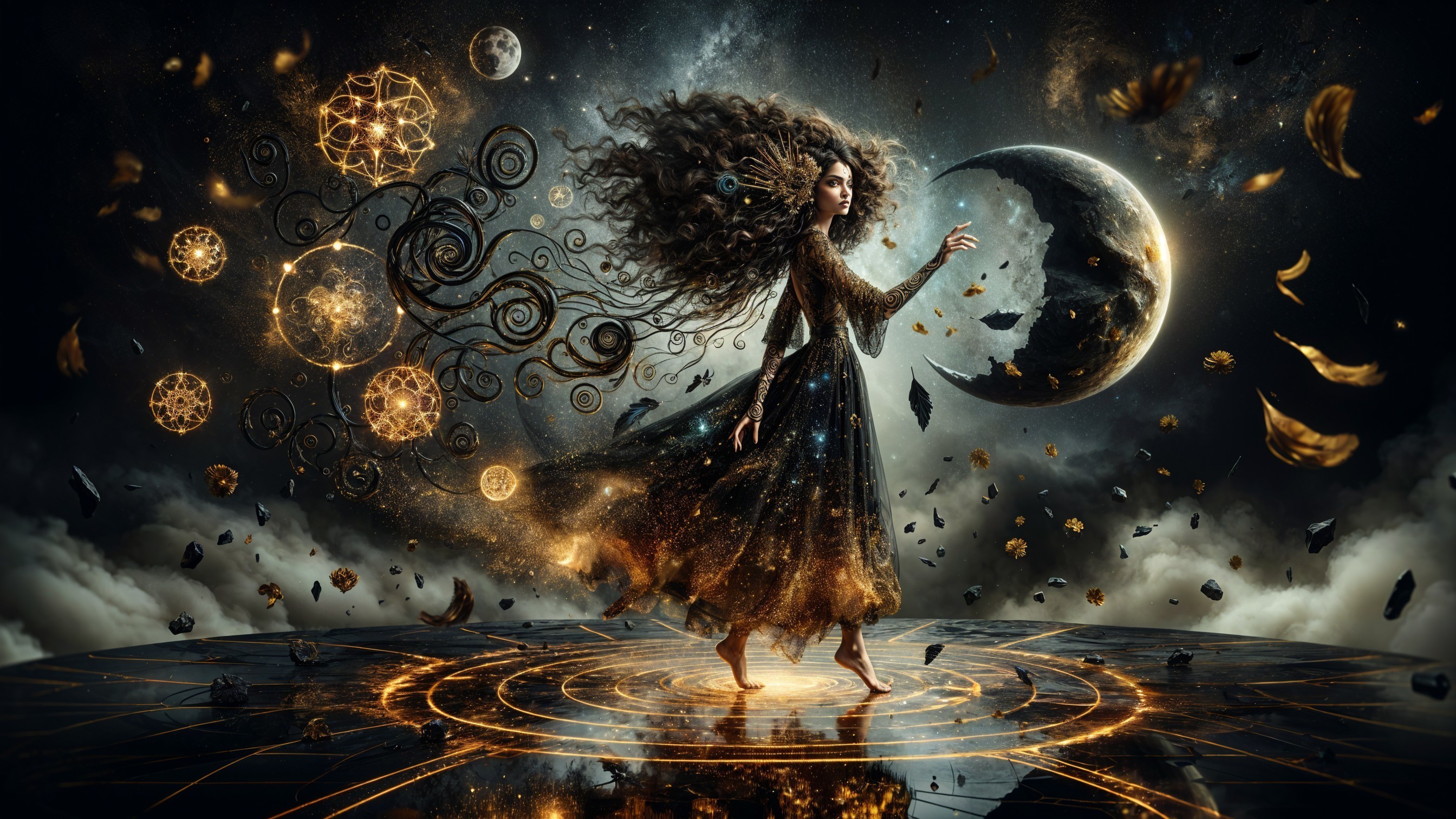 Mystical Figure on Cosmic Platform with Celestial Elements
