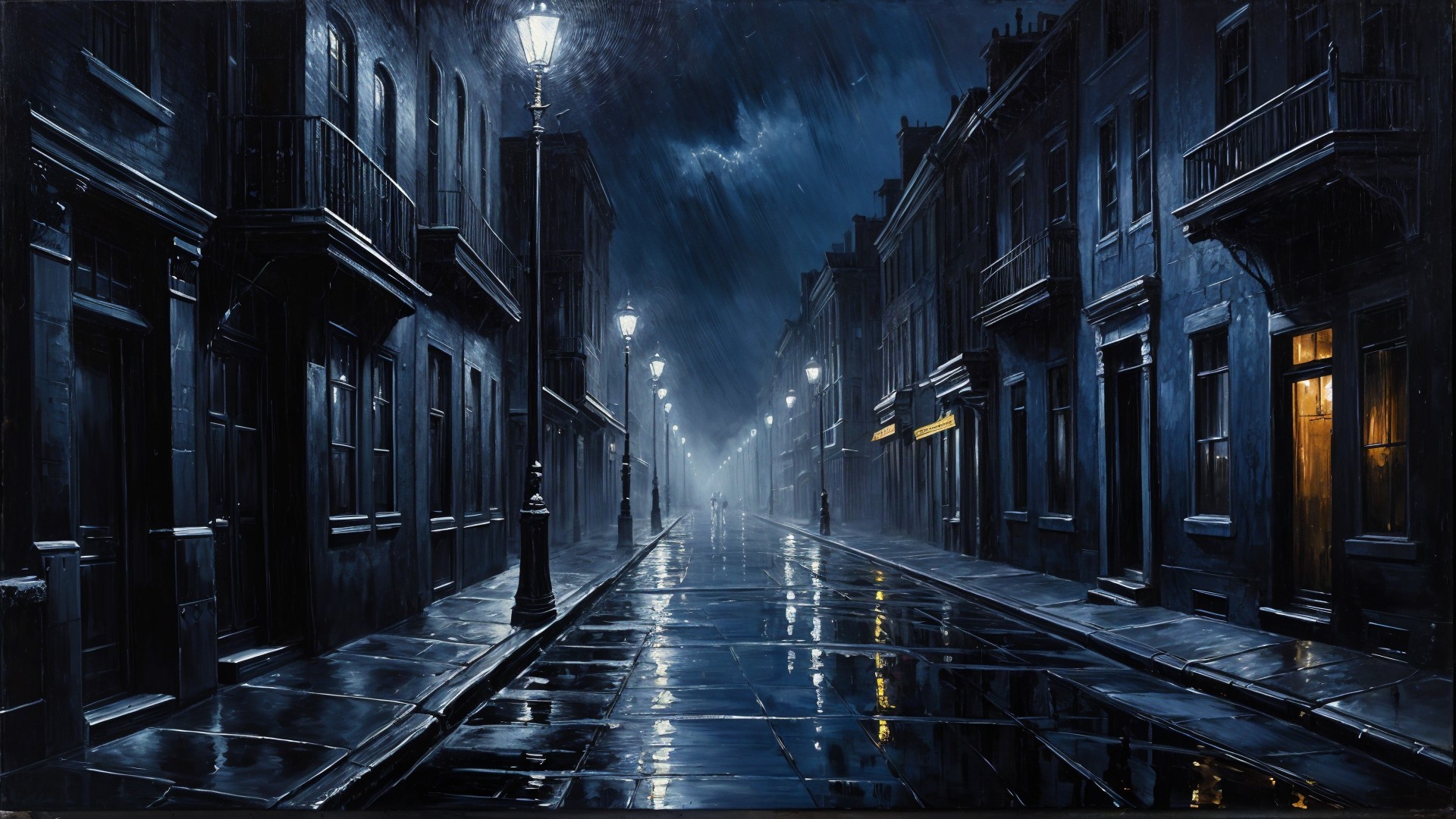 Dimly Lit Night Street with Vintage Lampposts and Rain