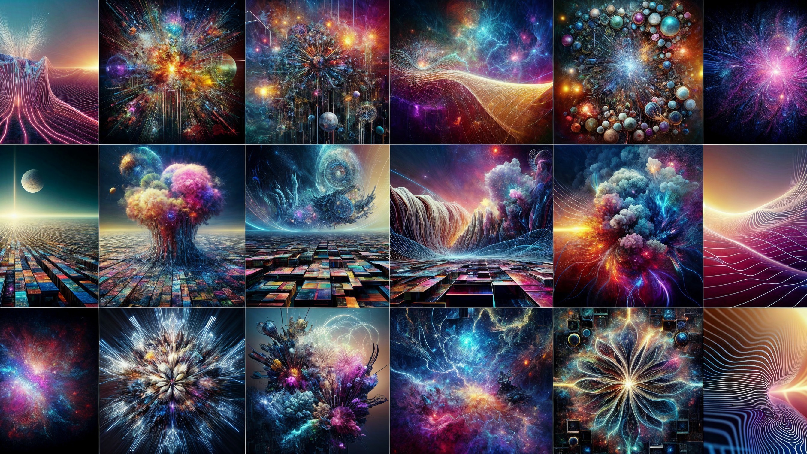 Vibrant Cosmic Landscapes and Abstract Designs Collage