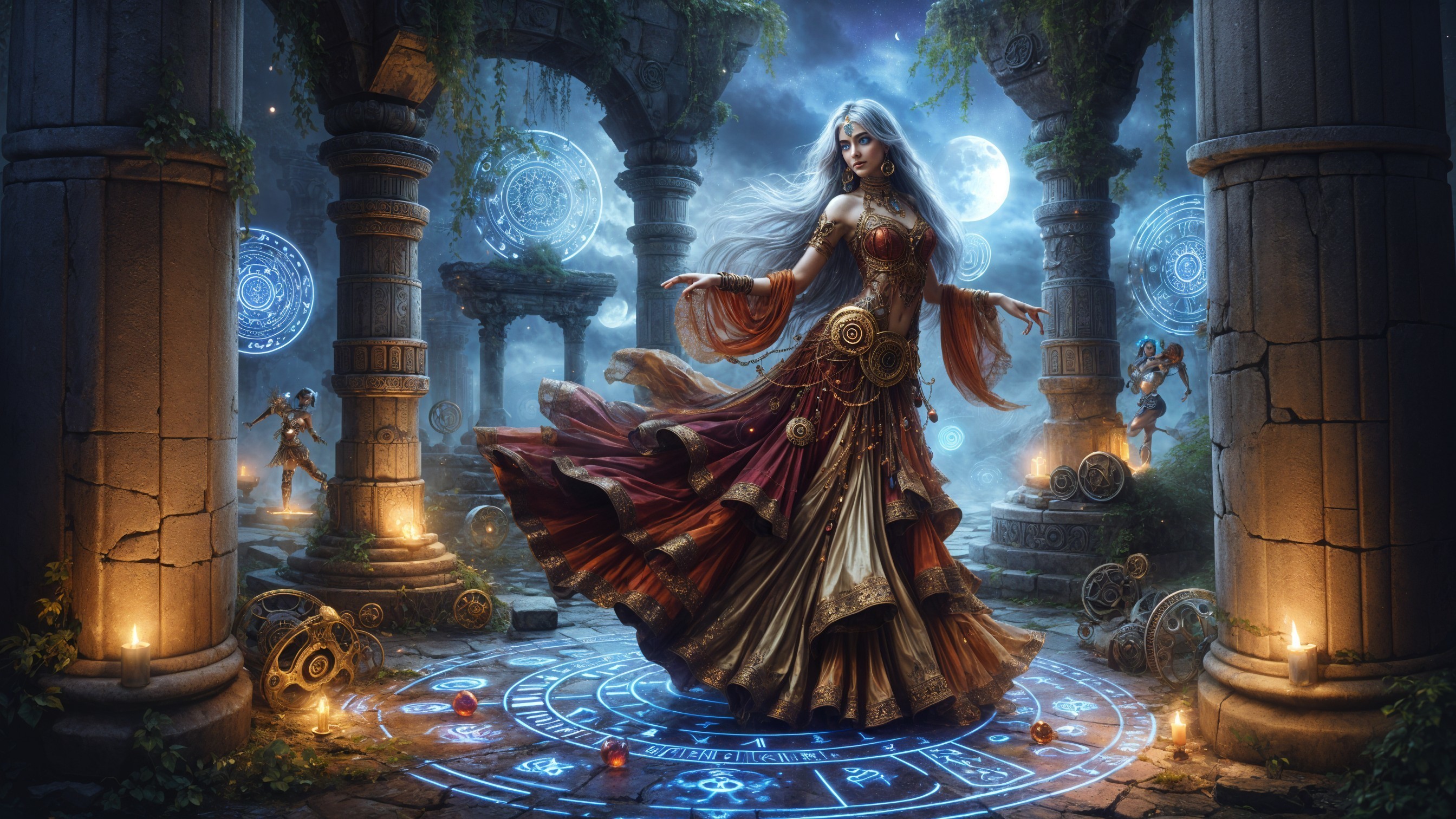 Mystical Dance in Ancient Stone Ruins with Ethereal Light