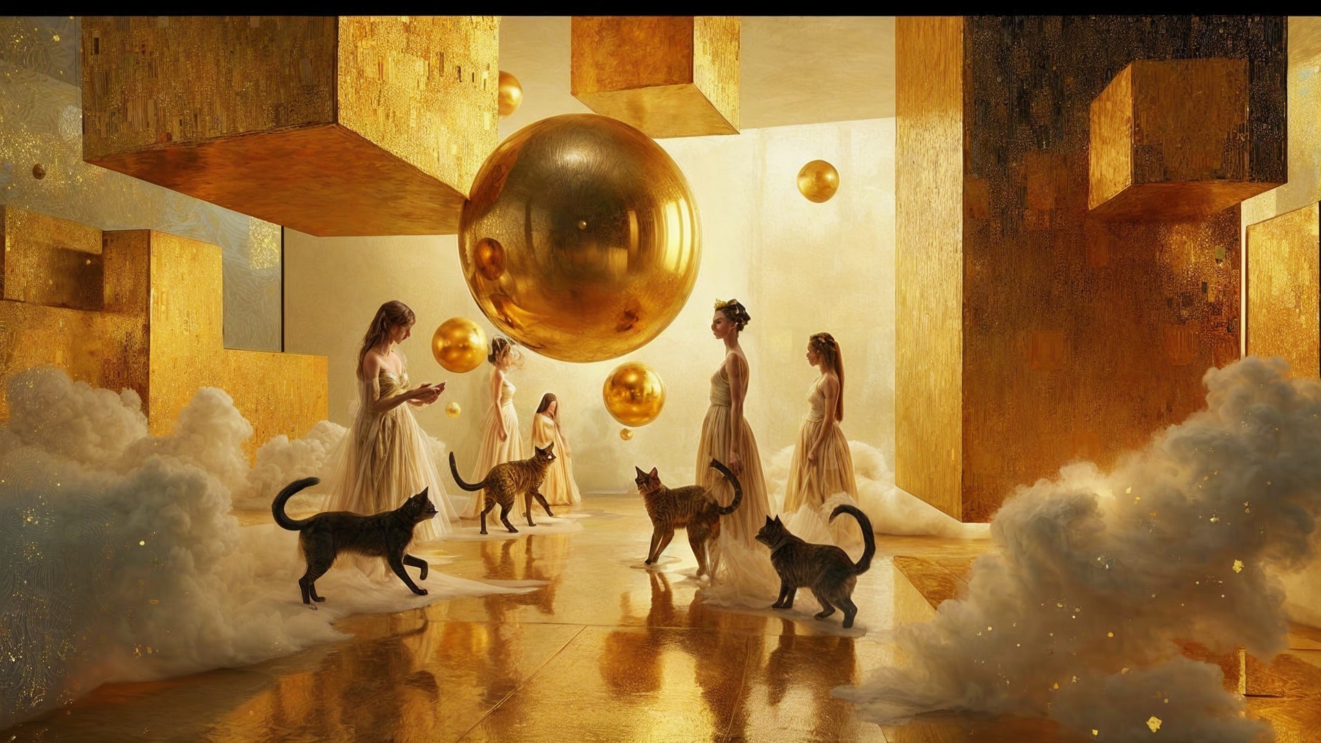 Ethereal Figures and Cats in a Dreamy Golden Space