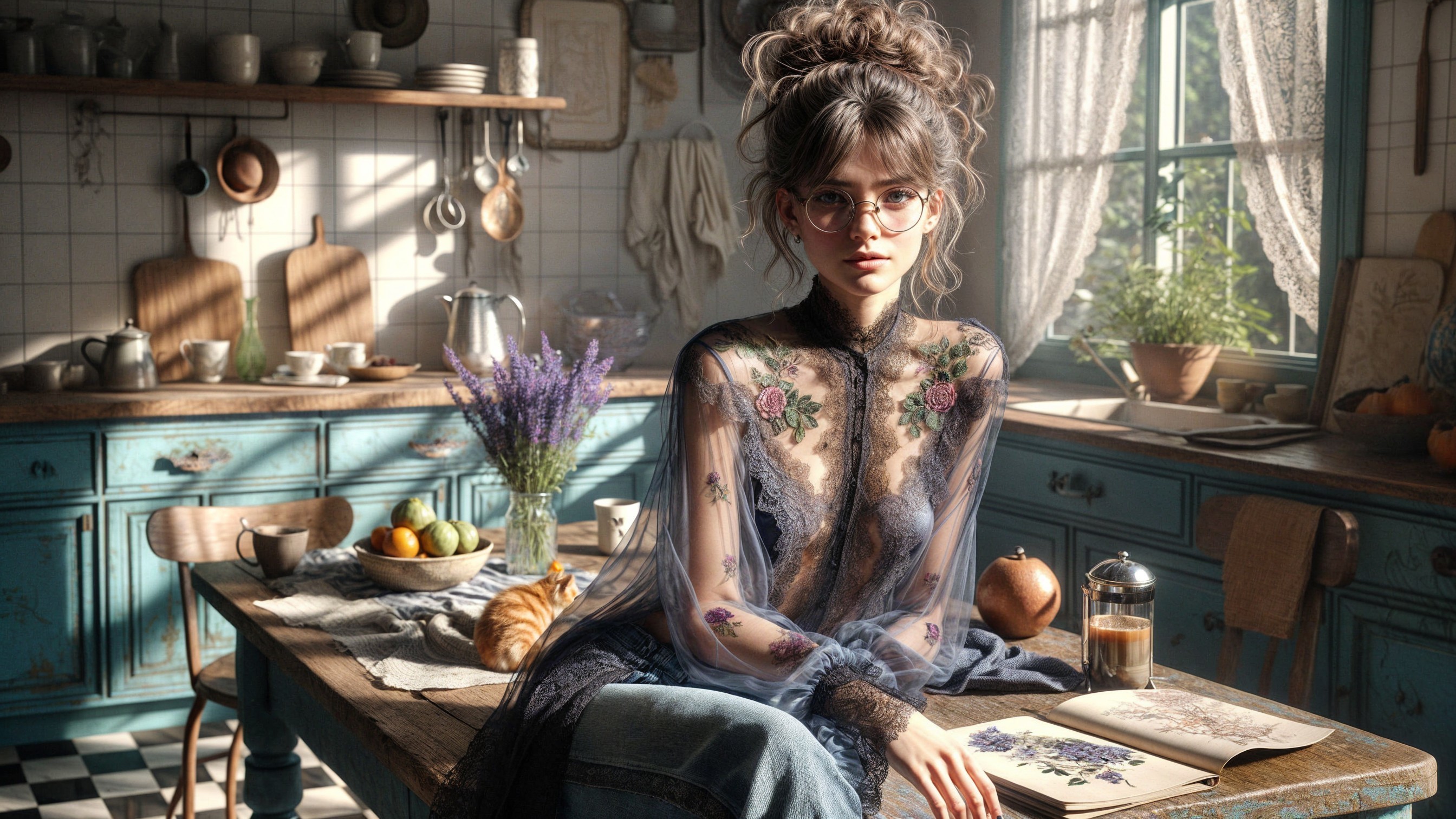 Woman at Rustic Kitchen Table with Fresh Produce