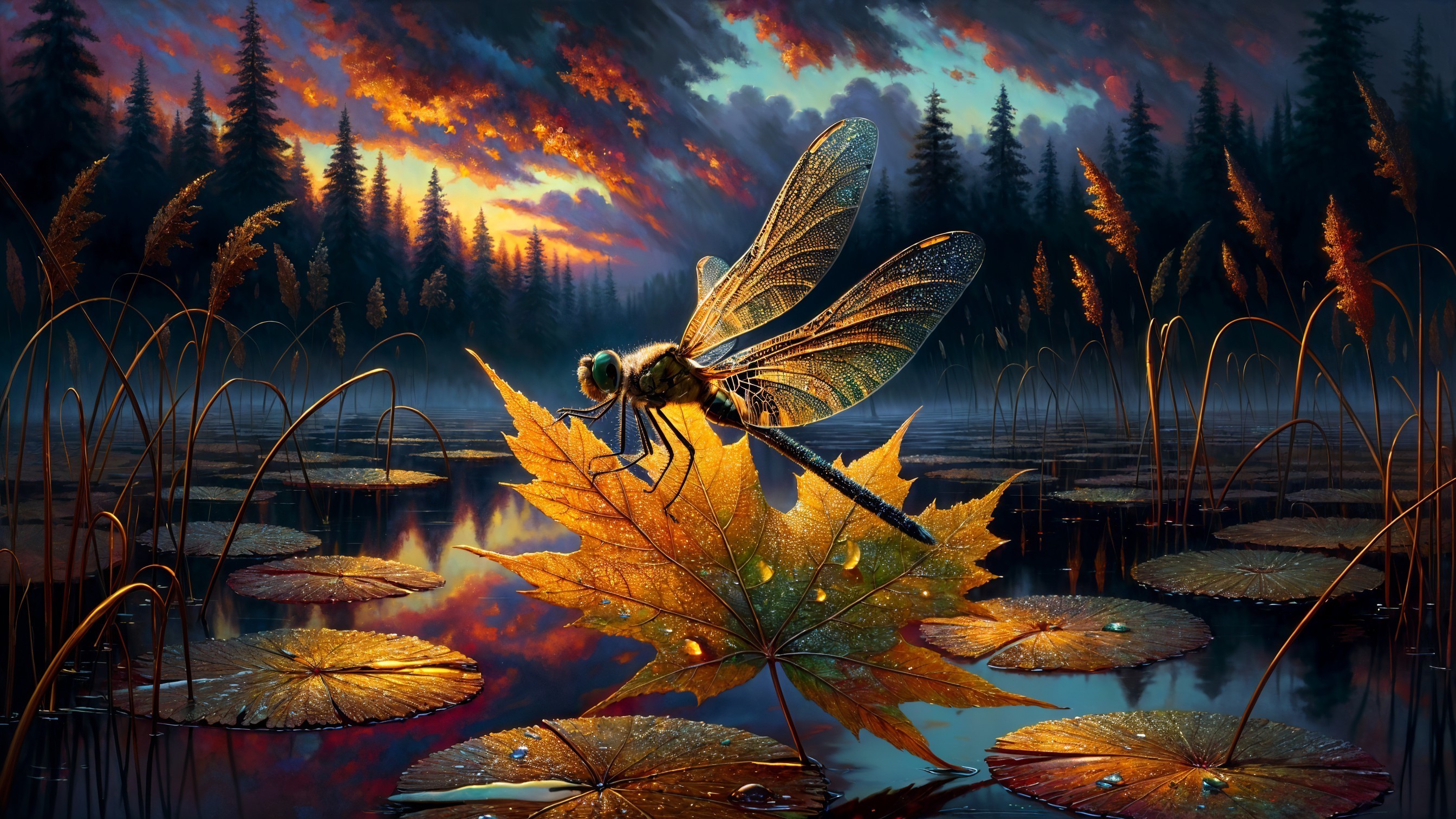 Dragonfly on Leaf at Sunset Over Tranquil Lake