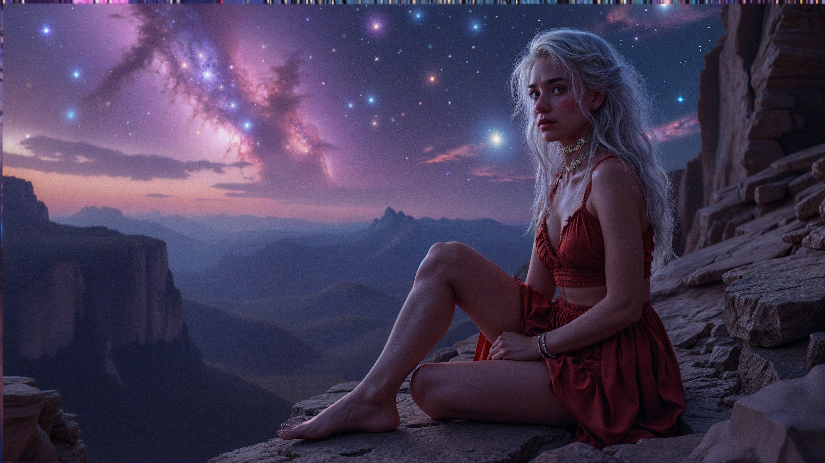 Young Woman on Rocky Ledge with Twilight Landscape