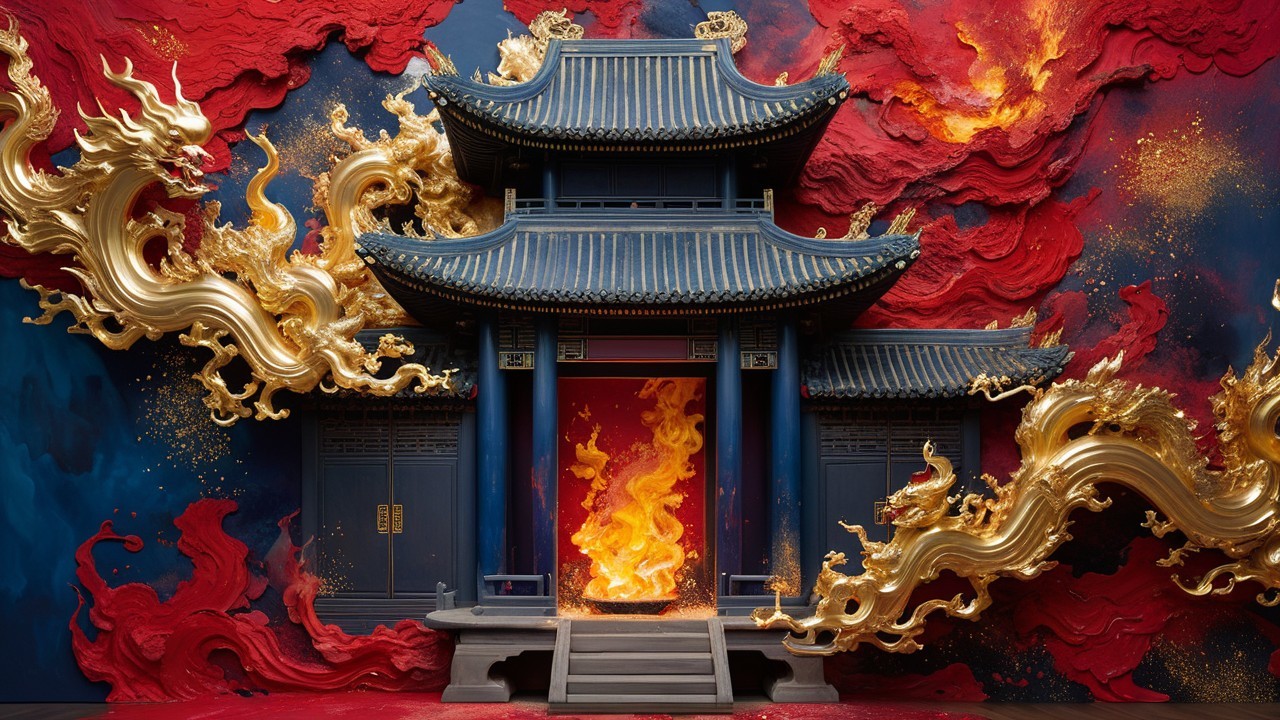 Ornate Asian Building with Vibrant Red and Blue Backdrop
