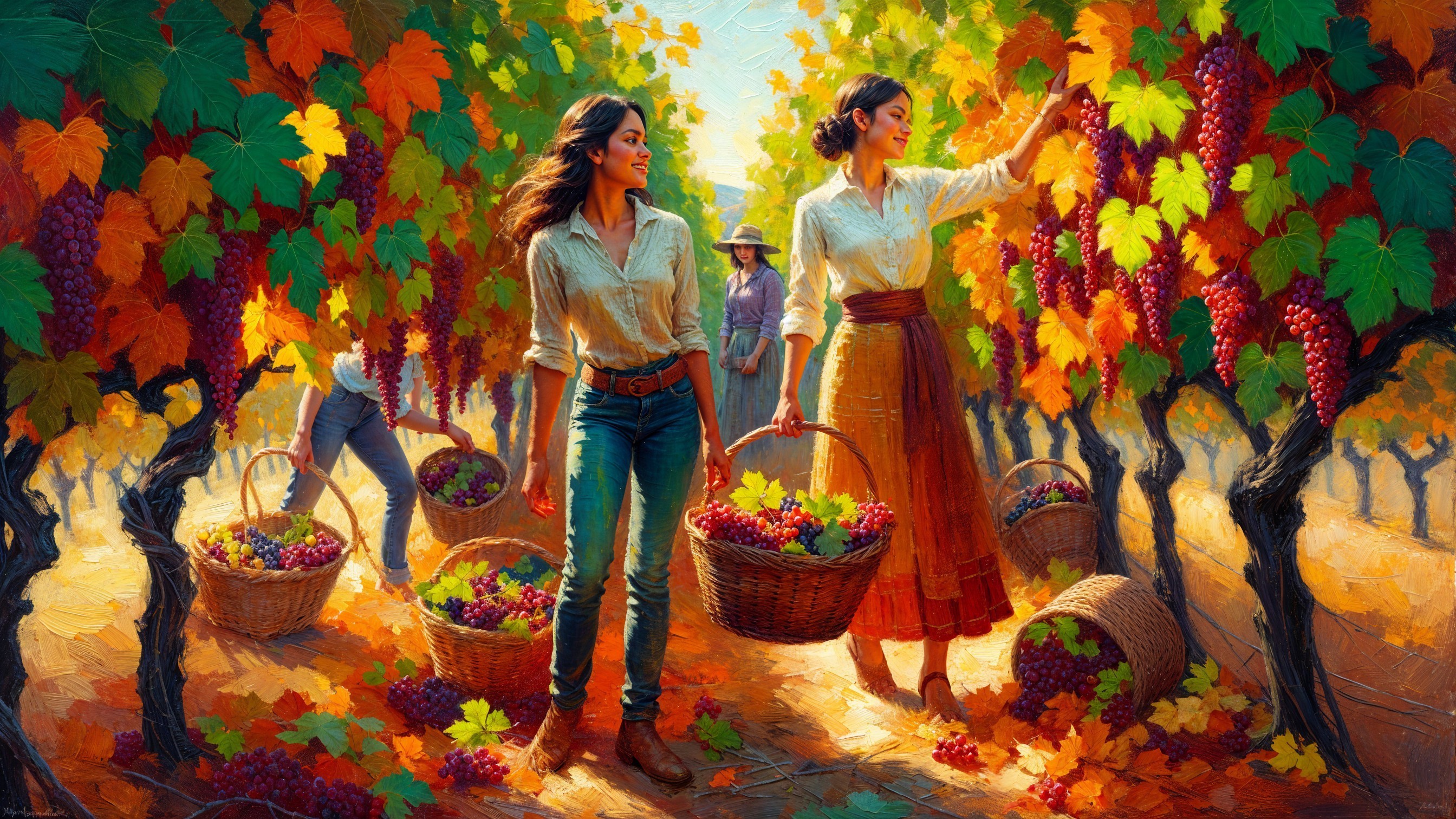 Women Harvesting Grapes in a Vibrant Vineyard